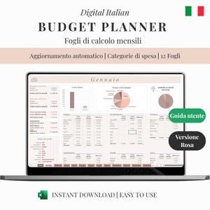 Gestione SPESE MENSILE Italian - Template Excel rosa MINIMAL elegante per budget personale, pianificazione finanziaria, 12 mesi, editabile