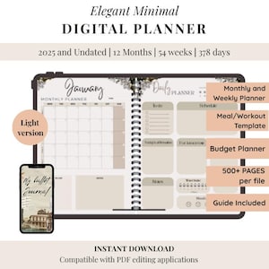 DIGITAL PLANNER All-in-One MINIMAL light Elegant - 2025 & Undated - Digital Calendar, iPad and Android Planner, Daily Weekly Monthly Journal