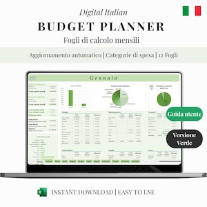 Gestione SPESE MENSILE Italian - Template Excel MINIMAL verde per budget personale, pianificazione finanziaria, spese per 12 mesi, editabile