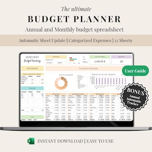 Budget Monthly/Annual Template - Excel BUDGET DIGITAL PLANNER Spreadsheet Simple Tracker Financial Planner