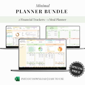 MINIMAL Bundle DIGITAL PLANNER - 3-in-1 Financial and budget planner spreadsheet, Meal Planner spreadsheet, automatic and customizable excel
