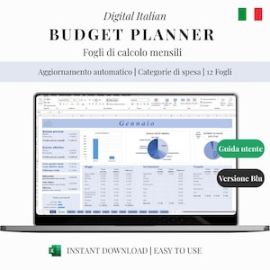 Gestione SPESE MENSILE Italian - Template Excel MINIMAL blu per budget personale, pianificazione finanziaria, spese per 12 mesi, editabile