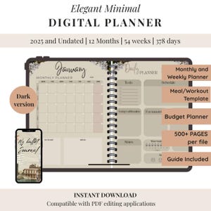 DIGITAL PLANNER All-in-One MINIMAL dark Elegant - 2025 & Undated - Digital Calendar, iPad and Android Planner, Daily Weekly Monthly Journal