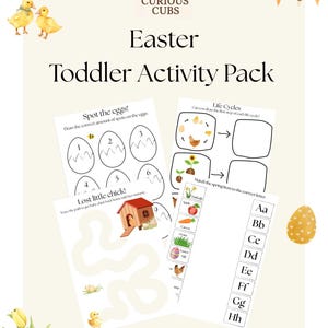 May include: An Easter toddler activity pack with watercolour illustrations. The pack includes worksheets for counting egg spots, life cycles, matching spring items, and tracing a path. The design features a bear logo, Easter eggs, and a banner.