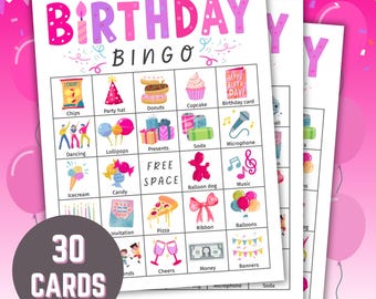 Birthday Bingo Game Printable, 30 Unique Pink Cards, Fun Birthday Party Activity PDF for Kids & Adults, Digital Instant Download Bingo