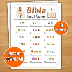 Op de afbeelding: Een afdrukbaar Bijbel Emoji-spel met 18 vragen, met illustraties van Jezus, een open boek met een kruis en verschillende emoji's. Het spel is ontworpen om Bijbelse dingen te raden. De woorden "Bible Emoji Game" en "Instant Download" zijn zichtbaar.