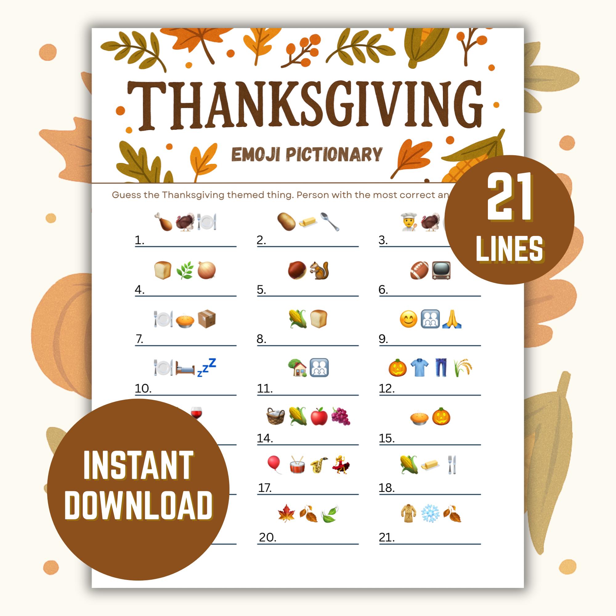 thanksgiving emoji game, emoji pictionary, printable thanksgiving party  game for kids, teens & adults, fun holiday game night activity