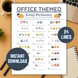 May include: A printable "Office Themed Emoji Pictionary" game sheet. The sheet features 24 lines of emoji puzzles, with the words "OFFICE THEMED" and "Emoji Pictionary" at the top. Includes the words "Instant Download" and "24 Lines".