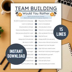 May include: A printable team-building game titled "Team Building Would You Rather." The game features a list of "Would You Rather" questions, with the words "Instant Download" and "15 Lines" in circular graphics. A coffee cup and donut graphic is at the top.