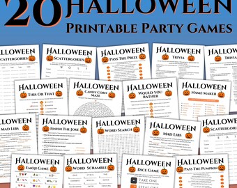 Halloween Games Bundle, 20 Spooky Printable Party Games Pack, Fun Family Activities for Kids & Adults, Emoji Game, Word Scramble