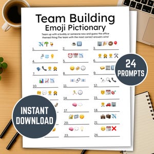 Può includere: Un foglio stampato con un gioco "Team Building Emoji Pictionary". Il gioco include 24 prompt con emoji per indovinare parole a tema ufficio. Una grafica circolare dice "24 prompt" e un'altra "Download istantaneo".