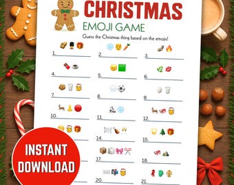 May include: A printable Christmas Emoji Game sheet with a gingerbread man graphic and the title "Christmas Emoji Game". The sheet includes numbered emoji puzzles, a red circle with "Instant Download" text, and festive decorations.