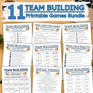 May include: A bundle of 11 team-building printable games. The games include "This or That?", "Mad Libs for Work", "Would You Rather", "Pass the Prize", "Emoji Pictionary", "Who's Most Likely To?", "Bingo", "Office Themed Trivia", and "Word Scramble".