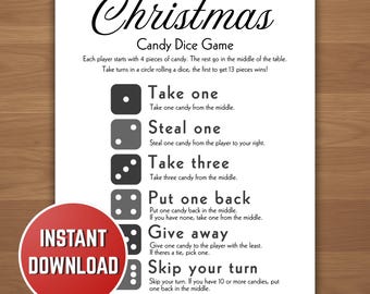 Christmas Candy Dice Game, Fun Secret Santa Printable Holiday Party Gift Swap Activity, Festive Game Night Activity, White Elephant