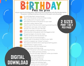 Verjaardag geef de prijs door Afdrukbaar spel, leuk rijm feestactiviteit pdf voor kinderen en volwassenen, digitaal geef het cadeau spel direct downloaden