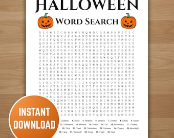 May include: A Halloween word search puzzle featuring the word "Halloween" and pumpkin illustrations. The puzzle includes a list of Halloween-related words. An orange circle with the words "Instant Download" is in the lower left corner.