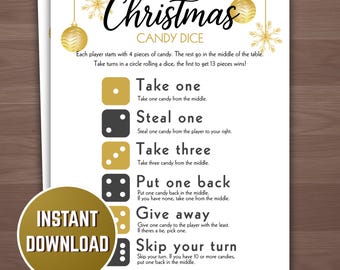 Christmas Candy Dice Game, Fun Secret Santa Printable Holiday Party Gift Swap Activity, Festive Game Night Activity, White Elephant