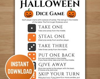 Pode incluir: Um jogo de dados de Halloween imprimível com instruções. As regras do jogo são listadas com gráficos de dados e ilustrações de abóboras. Um círculo laranja com as palavras "Download instantâneo" está no canto inferior esquerdo.