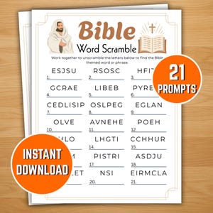 May include: A printable Bible-themed word scramble game with 21 prompts. The design features an illustration of Jesus, an open book, and a cross. The words "Bible" and "Word Scramble" are at the top. Includes an "Instant Download" graphic.