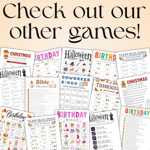 May include: A collection of printable game sheets with various themes, including Christmas, Halloween, and birthdays. The text "Check out our other games!" is at the top. Each sheet features different activities like bingo, emoji pictionary, and word scrambles.