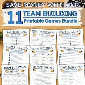 May include: A bundle of 11 team-building printable games. The games include trivia, word scrambles, and fill-in-the-blank activities. The bundle is designed to save money and is suitable for office or group settings. The games are printed on white paper.