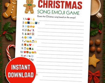 May include: A white printable Christmas Song Emoji Game sheet with a gingerbread man graphic and the text "CHRISTMAS SONG EMOJI GAME". Includes a red circle with "INSTANT DOWNLOAD" text. Festive holiday theme.