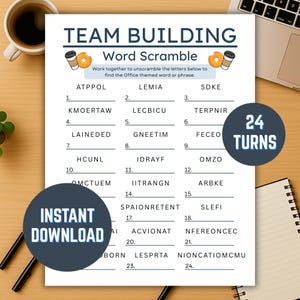 May include: A printable team-building word scramble game with the title "Team Building" and the words "Word Scramble" at the top. The game includes 24 turns and is available for instant download. The game is themed around an office setting.
