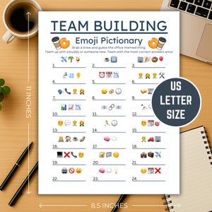 May include: A printed US Letter Size "Team Building Emoji Pictionary" game sheet, 8.5 x 11 inches, with emoji clues and blank lines for answers. Includes a coffee cup, pens, and a laptop on a wooden surface.