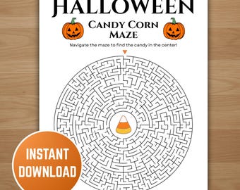 May include: A Halloween-themed printable maze with a candy corn design in the center. The maze is circular and features the text "Halloween Candy Corn Maze." Two orange pumpkins are at the top. An orange circle with the words "Instant Download" is in the lower left.