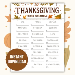 Thanksgiving Word Scramble Game Printable, Fun Fall Word Puzzle PDF for Kids & Adults, Digital Autumn Party Activity, Instant Download