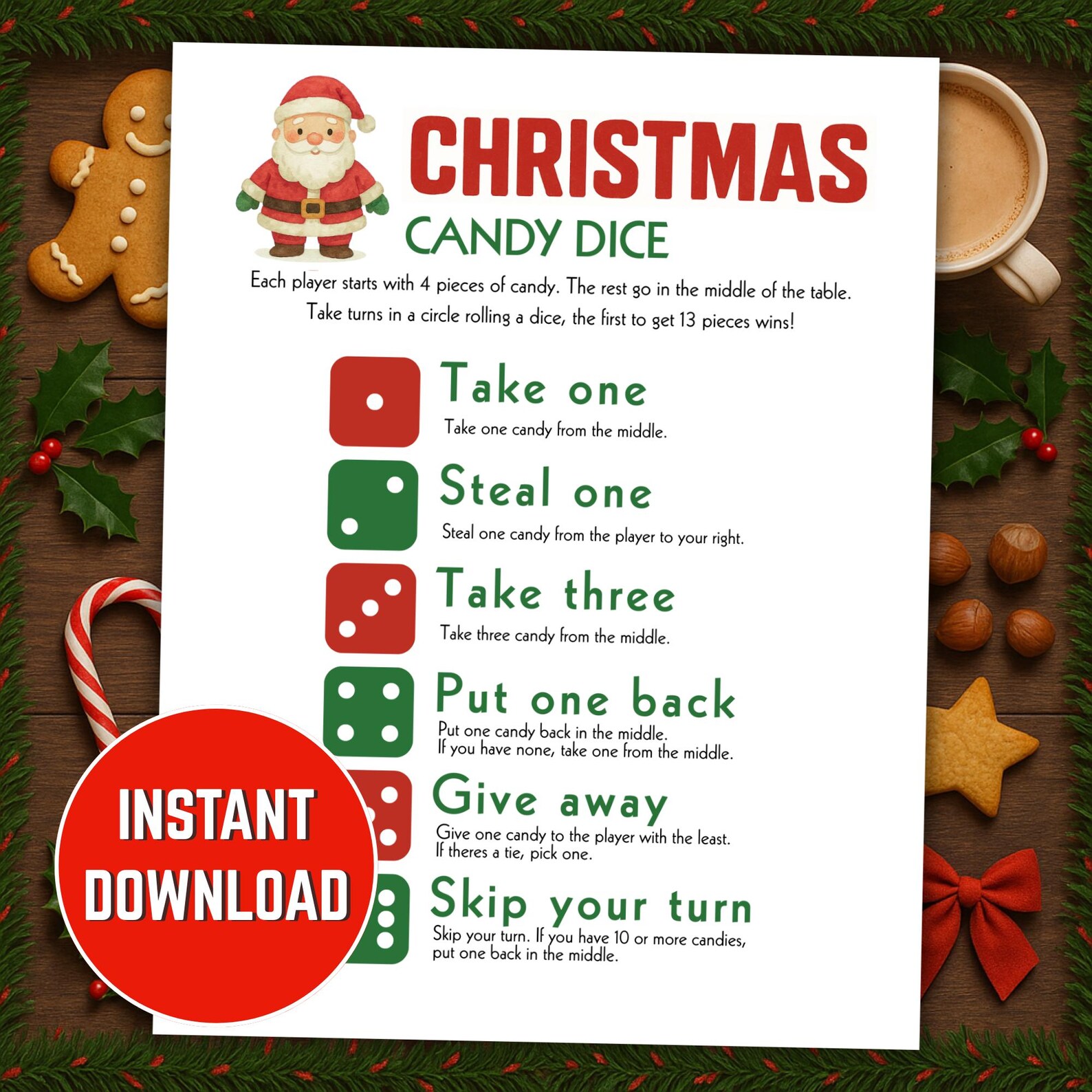 Christmas Candy Dice Game Printable, Fun Holiday Party Game for Kids ...