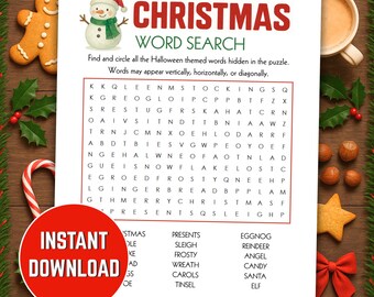 Puede incluir: Un juego de búsqueda de palabras con temática navideña con una ilustración de muñeco de nieve y la palabra "CHRISTMAS" en rojo. El rompecabezas incluye una lista de palabras para encontrar, con un botón de "DESCARGA INSTANTÁNEA".