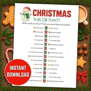 Christmas This or That Game Printable, Would You Rather, Festive Party Game for Kids, Fun Holiday Game Night Activity, Xmas Activity