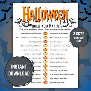 Halloween wil je liever spel, spookachtige afdrukbare dit of dat feestactiviteit, leuke gezinsactiviteit voor kinderen en volwassenen, digitale download