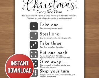 Christmas Candy Dice Game, Fun Secret Santa Printable Holiday Party Gift Swap Activity, Festive Game Night Activity, White Elephant