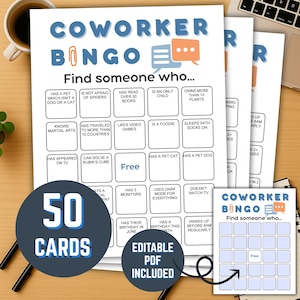 Bingo para compañeros de trabajo, Bingo de oficina, Bingo para conocerse, Bingo para fomentar el espíritu de equipo, Bingo para encontrar al invitado, Bingo para encontrar al compañero de trabajo, Bingo imprimible