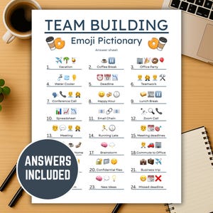 May include: A printed sheet titled "TEAM BUILDING Emoji Pictionary" with an "Answers Included" sticker. The sheet features a series of emoji-based clues for team-building activities, including "Vacation," "Coffee Break," and "Office Party."