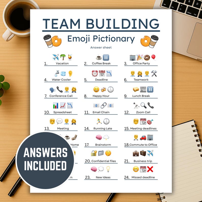 May include: A printed sheet titled "TEAM BUILDING Emoji Pictionary" with an "Answers Included" sticker. The sheet features a series of emoji-based clues for team-building activities, including "Vacation," "Coffee Break," and "Office Party."