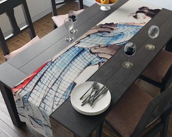 Camino de mesa japonés con pintura de dama, estilo Ukiyo-e, de algodón, decoración de mesa con pintura de olas, mantel de comedor, regalo único para amantes de Japón, hogar y cocina.