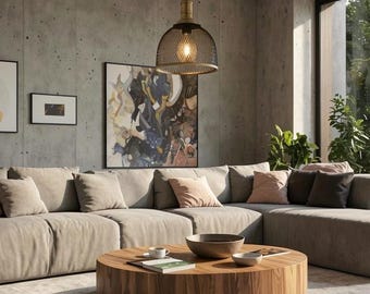 Vintage Mesh Dome Pendant Light – Brass Accent Cord Suspension Lamp – Custom Color Options