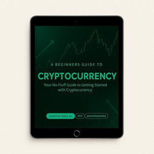 Könnte beinhalten: Ein schwarzes Tablet zeigt einen grünen Bildschirm mit dem Text "A Beginners Guide to Cryptocurrency". Der Titel ist in großen, fetten, grünen Buchstaben geschrieben. Darunter steht der Text "Your No-Fluff Guide to Getting Started with Cryptocurrency". Der Bildschirm zeigt auch ein Börsendiagramm.