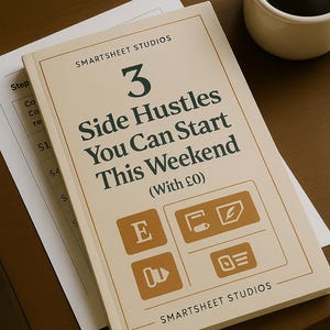 Puede incluir: Un libro crema titulado "3 Side Hustles You Can Start This Weekend" con el texto "(With £0)". El libro tiene texto y gráficos en verde oscuro y marrón. Una taza de café está a la derecha del libro.