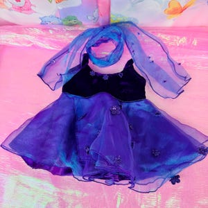 Retired Build a Bear Purple Velvet Dress with Scarf – Vintage BAB Outfit with Flower Appliqué Accents