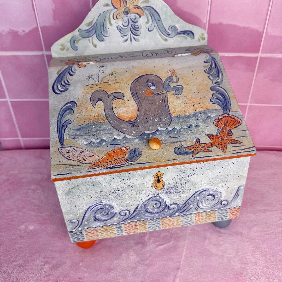 Hand Painted Jonah and the Whale Wooden Treasure Box Folk Art Nautical ...