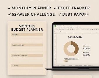 Pode incluir: Pacote de planejador de orçamento digital com um planejador mensal, rastreador Excel, desafio de 52 semanas e rastreador de pagamento de dívidas. A imagem mostra um laptop exibindo um painel, juntamente com outros documentos de planejamento financeiro. O texto inclui "Ultimate Budget Planner Bundle" e "Digital Download."