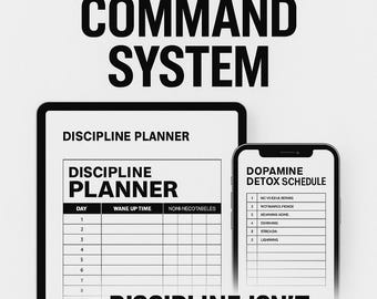 Op de afbeelding: Een digitale afbeelding voor een 30-daags discipline systeem. Het toont een tablet met een discipline planner en een smartphone met een dopamine detox schema. De tekst benadrukt discipline boven motivatie, met de slogan "Discipline is geen motivatie. Het is commando."