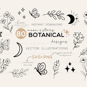 Botanical Moon SVG | Floral Line Art | Mystical Flower Clipart| Floral Stars Svg | Celestial Botanical Svg | Moon and Flower PNG SVG Bundle