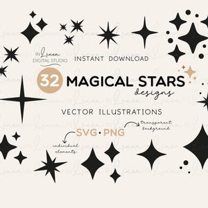 May include: A collection of 32 black star designs in various shapes and sizes, including four-pointed, five-pointed, and diamond-shaped stars. The words "MAGICAL STARS designs" and "VECTOR ILLUSTRATIONS" are also present. The image is labeled "SVG.PNG".