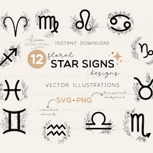 Zodiac Line Art SVG Bundle | Botanical Star Sign Clipart | Floral Astrology Svg | Hand Drawn Zodiac Flowers | Birth Sign PNG SVG