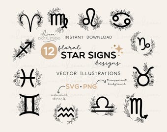 Paquete SVG de arte lineal del zodíaco | Clipart de signos zodiacales botánicos | Astrología floral en formato SVG | Flores del zodíaco dibujadas a mano | Signos de nacimiento en formato PNG y SVG